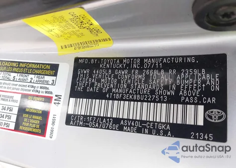 2011 Toyota Camry Xle из США, поврежденный, VIN 4T1BF3EK8BU227513